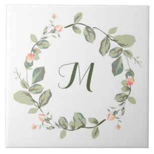 Eleganta vintage-persikorosor Grönska Monogram Kakelplatta