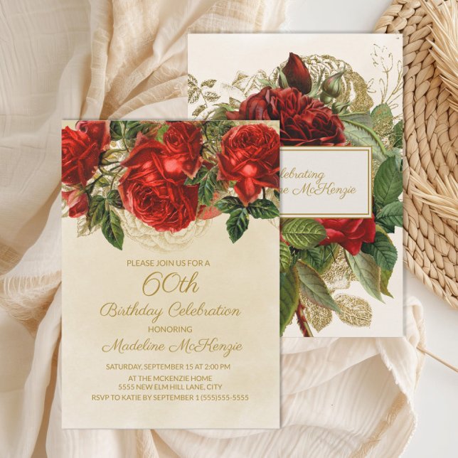 Eleganta Vintage Röda Rosor 60-årsdag Inbjudningar (Elegant red vintage roses on cream 60th birthday invitation)