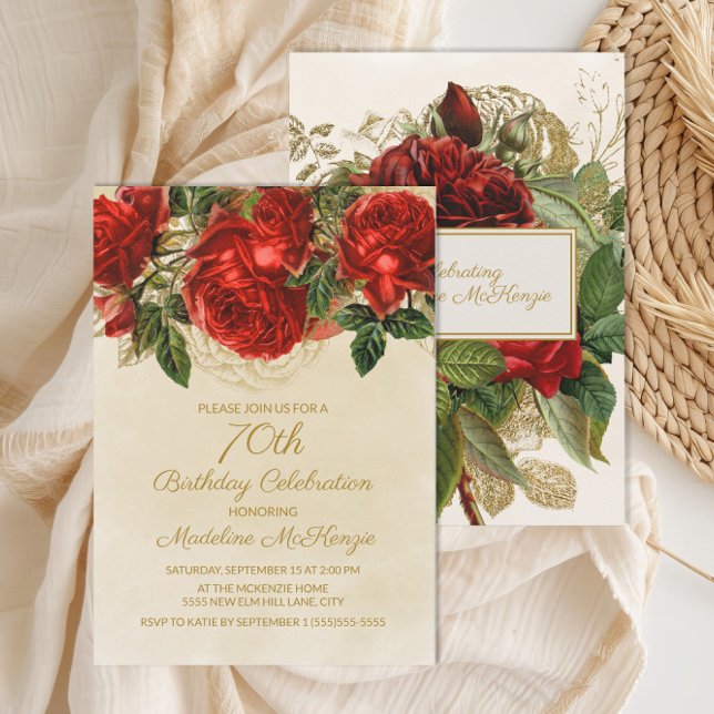 Eleganta Vintage Röda Rosor 70-årsdag Inbjudningar (Elegant vintage red roses on cream 70th birthday party invitation)