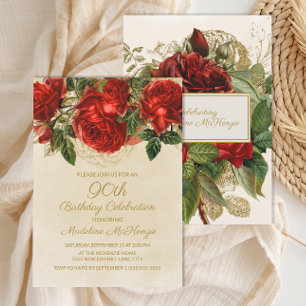 Eleganta Vintage Röda Rosor 90-årsdag Inbjudningar