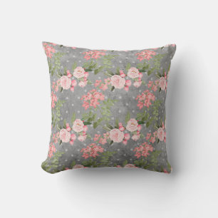 Eleganta vintage rosa blommor grönska grå kudde