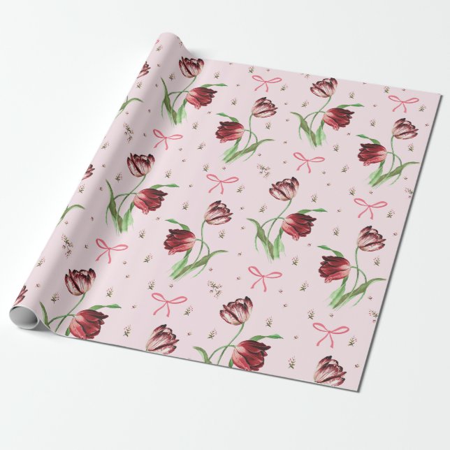 Eleganta vintage rosa slingor tulpaner blommönster presentpapper (Utrullad)
