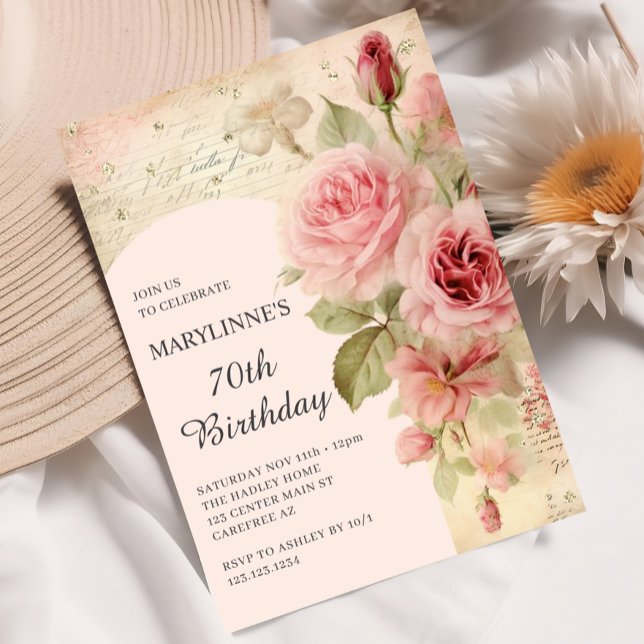 Eleganta Vintage Rosor 70-årsdag Inbjudningar (Skapare uppladdad)