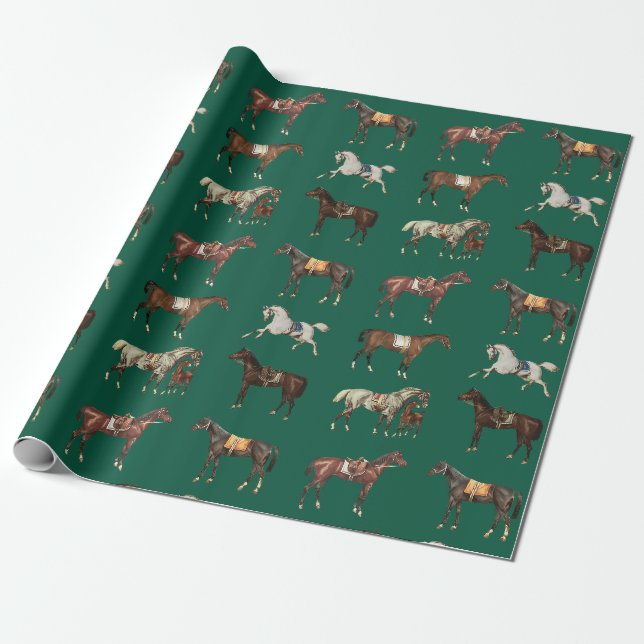 Eleganta vintage sadlade hästar jägare grön presentpapper (Utrullad)