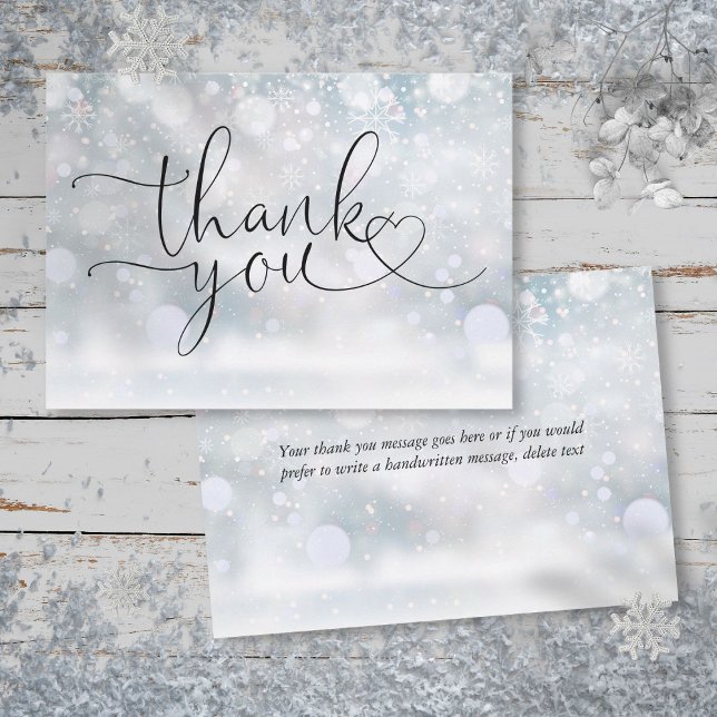 Eleganta vinter snöflingor hjärtskrift  tack kort (Elegant Winter Snowflakes Heart Script Thank You Card)