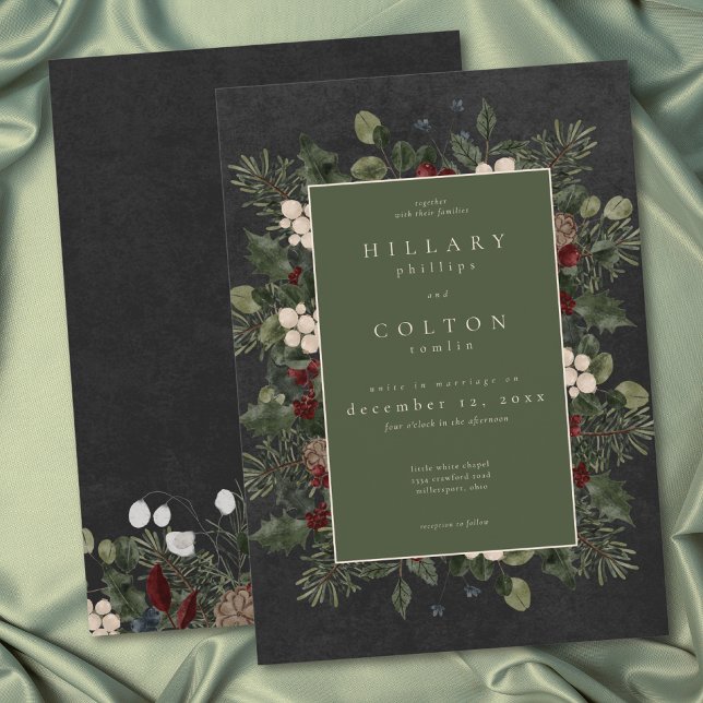 Eleganta vinterbär och svart tallbröllop inbjudningar (Elegant Winter Berries & Pine Black Wedding Invitation)