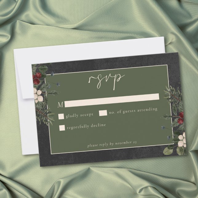 Eleganta vinterbär & svarta tallar bröllop OSA kort (Elegant Winter Berries & Pine Black Wedding RSVP Card)