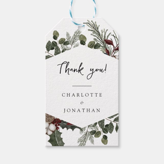 Eleganta vintergröna tackkortsetiketter för bröllo presentetikett (Framsidan)