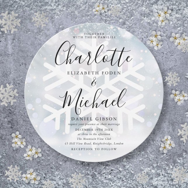 Eleganta vintersnöflingor Cirkulärt bröllop Inbjudningar (Elegant Winter Snowflakes Circular Wedding Invitation)