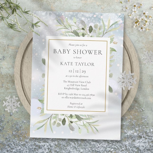 Eleganta vintersnöflingor Grönska Bebisens ankomst Inbjudningar (Elegant Winter Snowflakes Greenery Baby Shower Invitation)