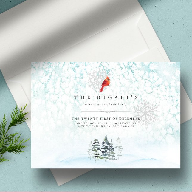 Eleganta vintertallar jul akvarell inbjudningar (Christmas invitations watercolor winter pine trees and cardinal blue snowy scene)