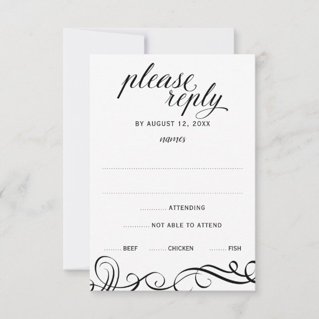 Eleganta virvlar bröllops-RSVP med måltidsval (sva OSA Kort (Framsida)