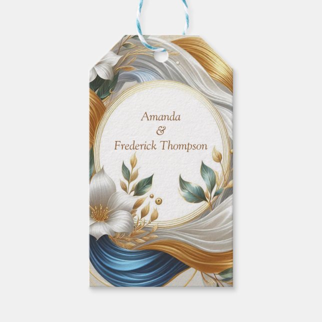 Eleganta virvlar i guld, silver, blått, gult presentetikett (Framsidan)