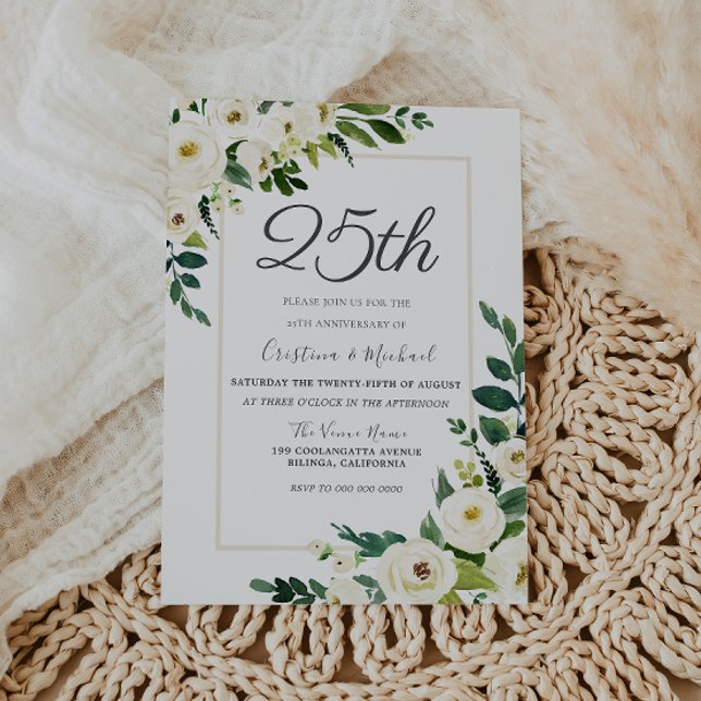 Eleganta vita blommor 25-års bröllopsjubileum inbjudningar (Skapare uppladdad)