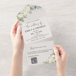 Eleganta vita blommor allt-i-ett bröllopsinbjudan