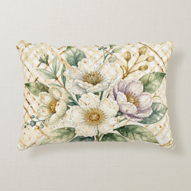 Eleganta vita blommor, guldgallerimönster prydnadskudde (Framsidan)