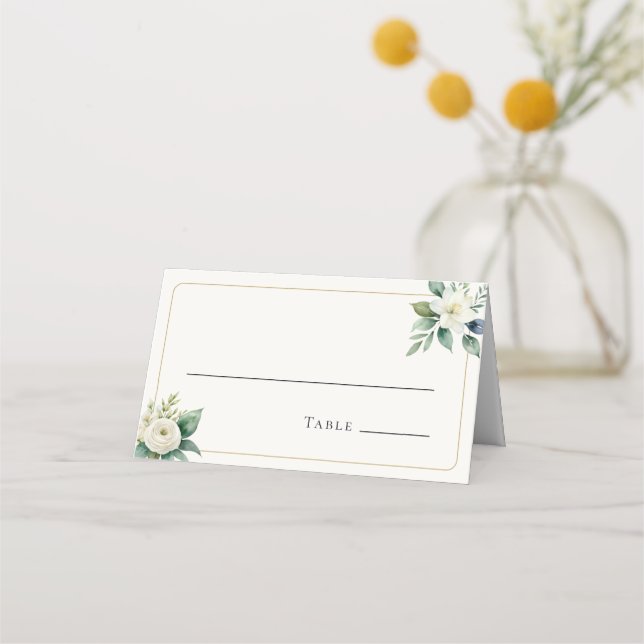 Eleganta vita blommor och grönska | Bröllopsbord Placeringskort (Framsida)