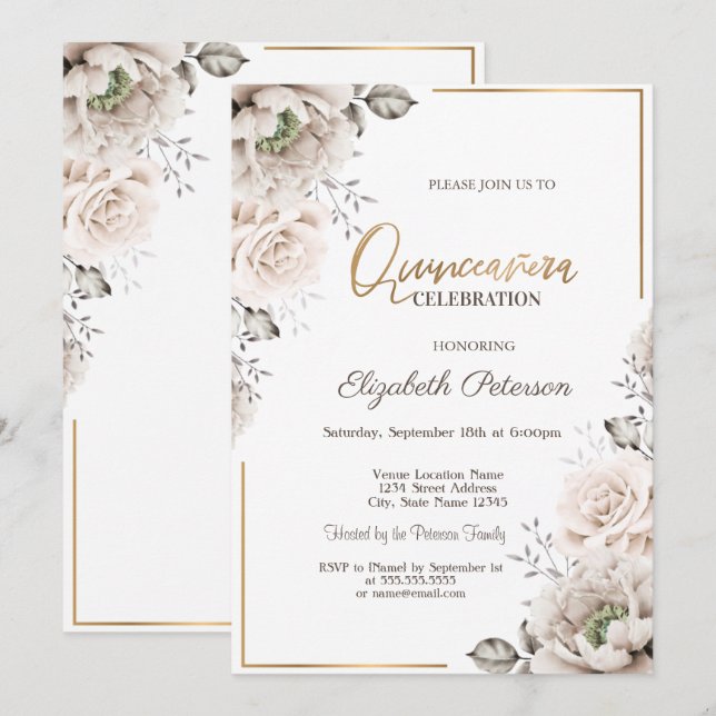 Eleganta vita blommor Quinceañera Inbjudningar (Fram/baksida)