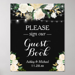 Eleganta vita blomstermotiv med strängljus - Signe Poster