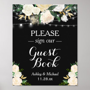 Eleganta vita blomstermotiv med strängljus - Signe Poster