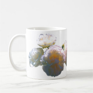 Eleganta vita färskpersikor orange rodnad rosor kaffemugg