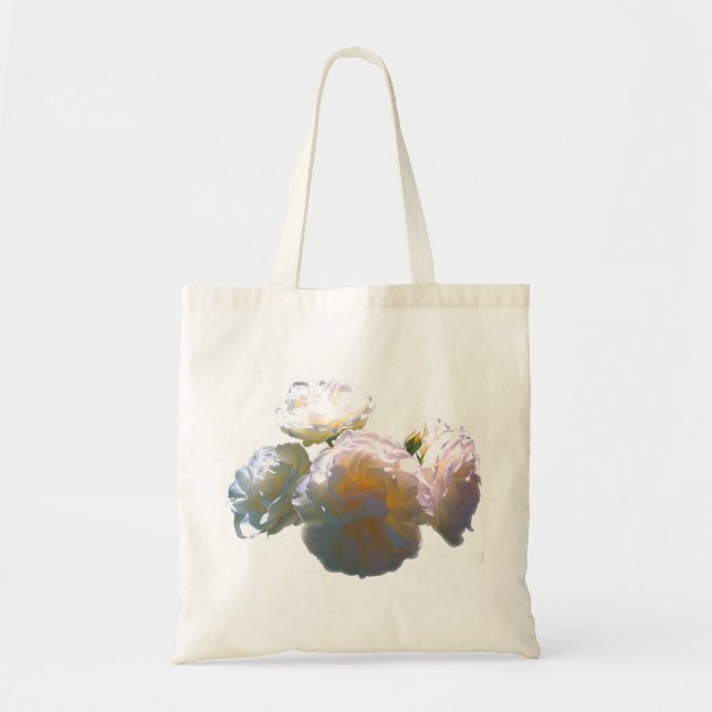 Eleganta vita färskpersikor orange rodnande rosor tygkasse (Framsidan)