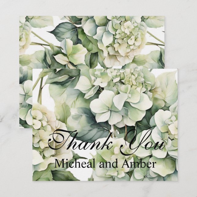 Eleganta vita gröna akvarell blommande hortensior tack kort (Fram/baksida)