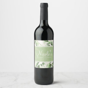 Eleganta vita gröna tropiska blad bröllopsvin vinflaska etikett