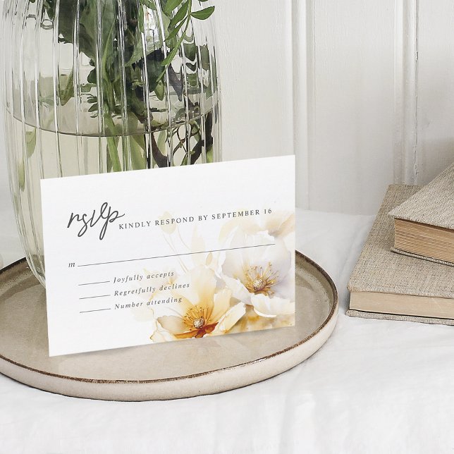 Eleganta vita gula guld blommor OSA kort (Elegant White Yellow Gold Flowers RSVP Card)