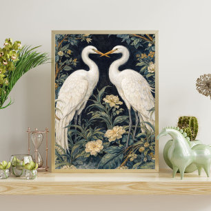 Eleganta vita hägrar i trädgården – Vintage botani Poster