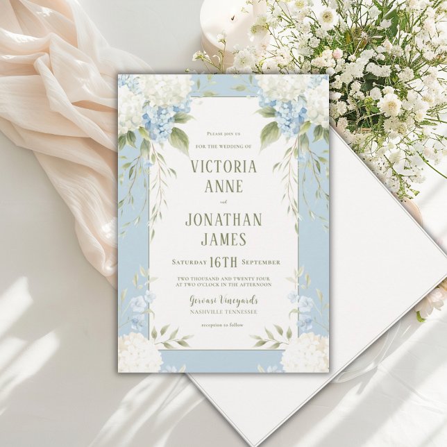 Eleganta vita hydrangeor Blå blomsterbröllopsinbju Inbjudningar (Skapare uppladdad)