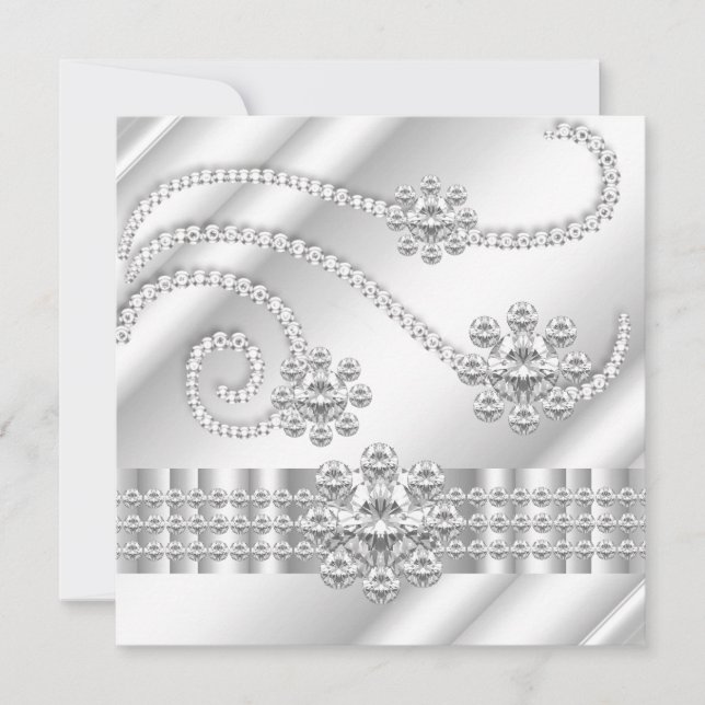 Eleganta vita juvel diamant silver födelsedagsfest inbjudningar (Framsida)