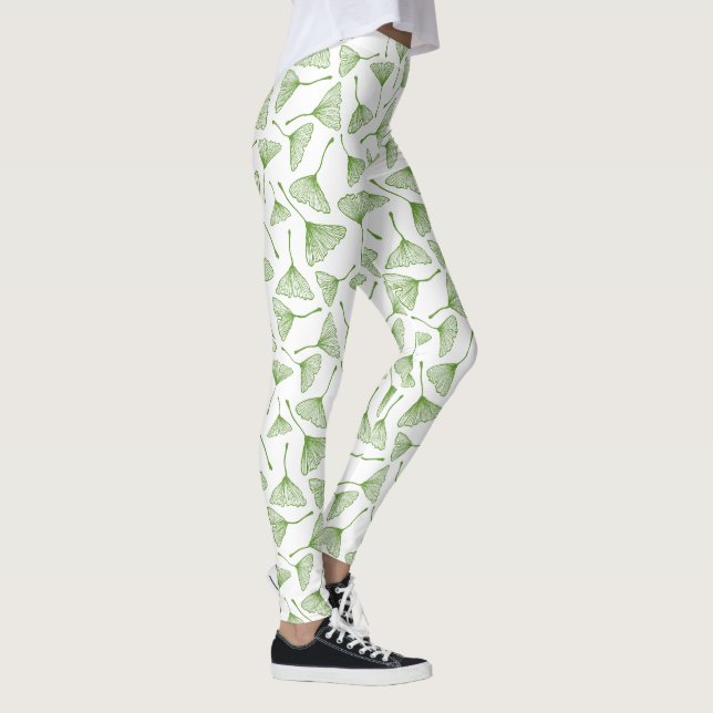 Eleganta vita leggings med grönt ginkgoblad (Höger)