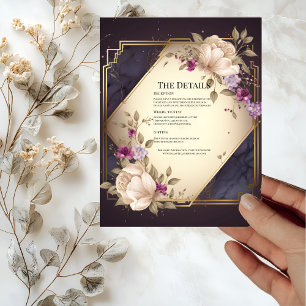 Eleganta vita lila blommor bröllopsdetaljkort inbjudningar