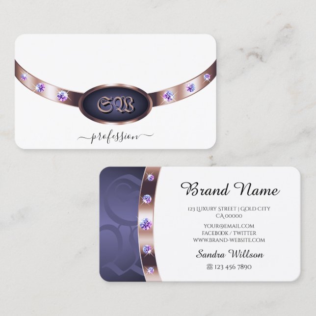 Eleganta vita lila och roséguldjuveler Monogram Visitkort (Fram/baksida)