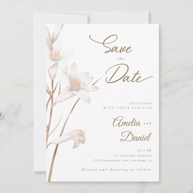Eleganta vita liljor bröllop Save the Date Inbjudningar (Framsida)