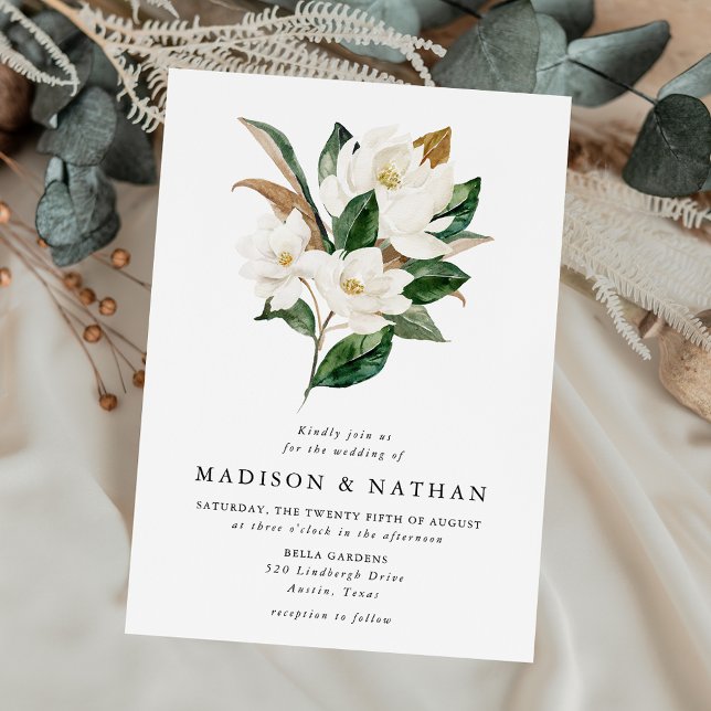 Eleganta vita magnolior och grönska bröllop inbjudningar (Skapare uppladdad)