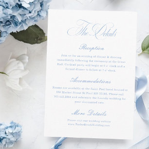 Eleganta vita och dammiga blå bröllopsdetaljer tilläggskort