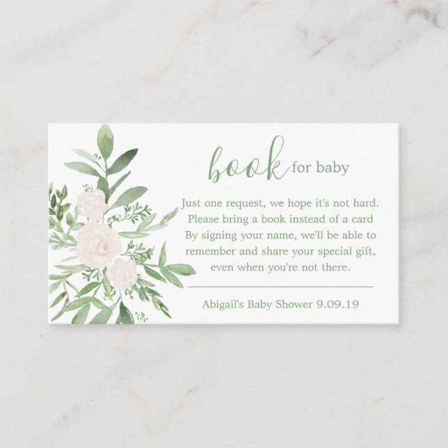 Eleganta vita och gröna blommande böcker för bebis tilläggskort (Framsida)