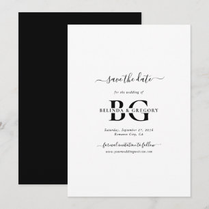Eleganta vita och svarta monograminitialer bröllop spara datumet