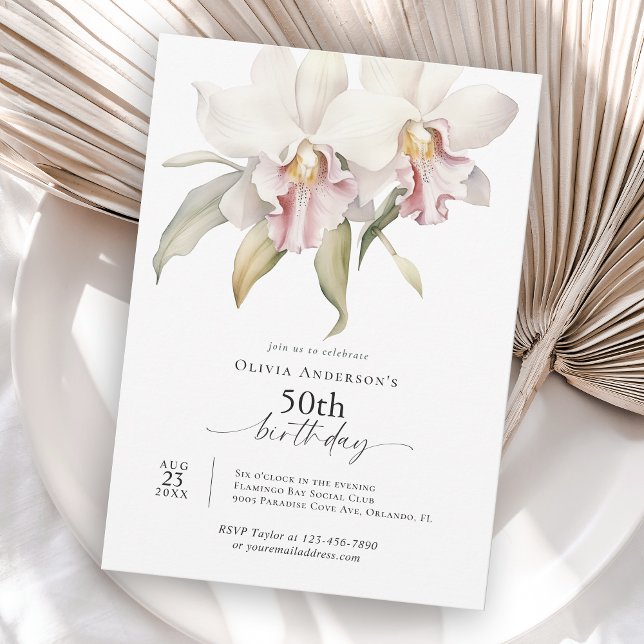 Eleganta vita orkidéer Blommig 50-årsdag Inbjudningar (Available in both printed and instant download digital formats.)
