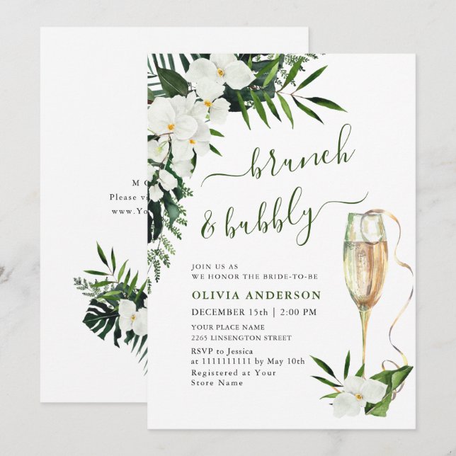 Eleganta vita orkidéer bohemisk BRUNCH & BUBBEL Inbjudningar (Fram/baksida)