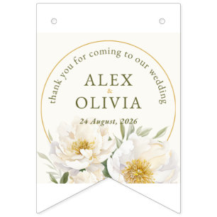 Eleganta vita peonyblommiga bröllopsflaggor vimplar