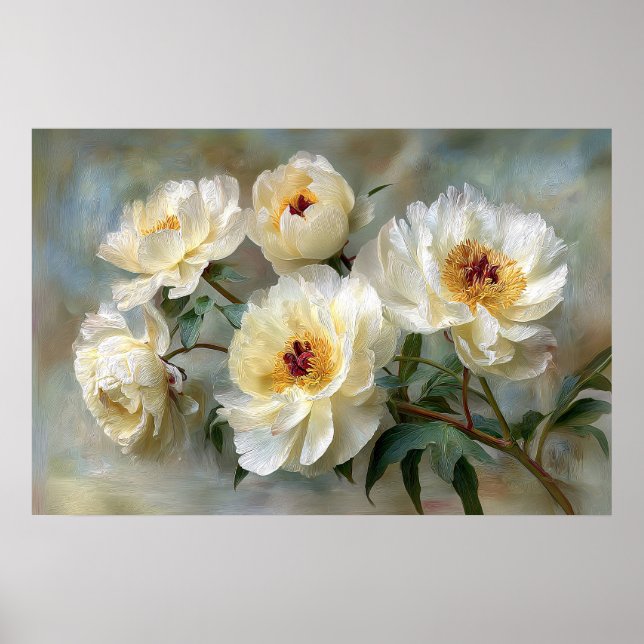 Eleganta vita pioner i blom poster (Framsidan)