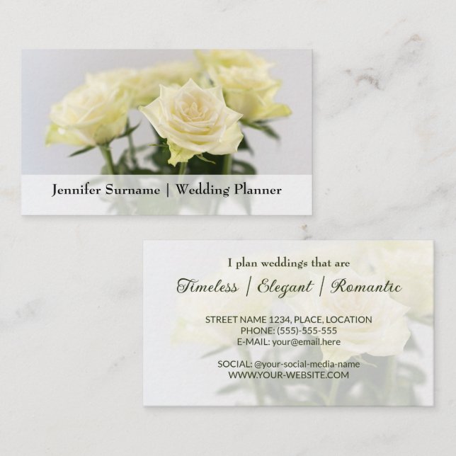 Eleganta vita rosenblommor Klassisk bröllopsplaner Visitkort (Fram/baksida)