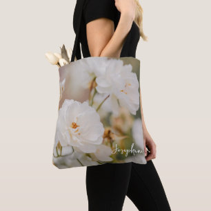 Eleganta vita rosor blomma foto med anpassat namn tygkasse