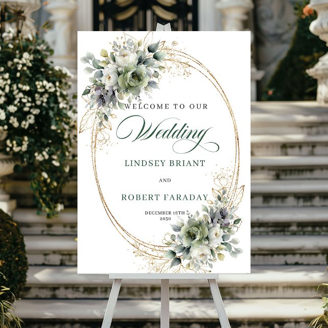 Eleganta vita rosor Botanisk bröllak Välkomstskylt Poster (Chic White Roses Botanical Wedding Welcome Sign)