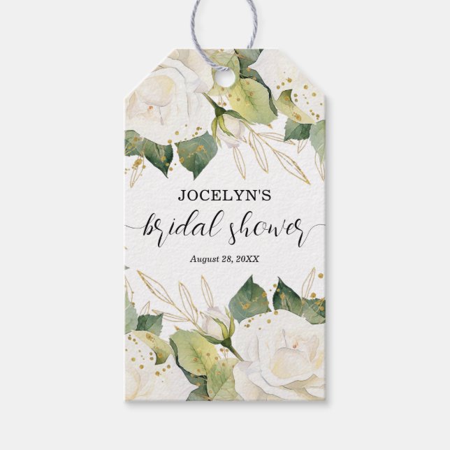 Eleganta vita rosor bröllopsdusch presentetikett (Framsidan)