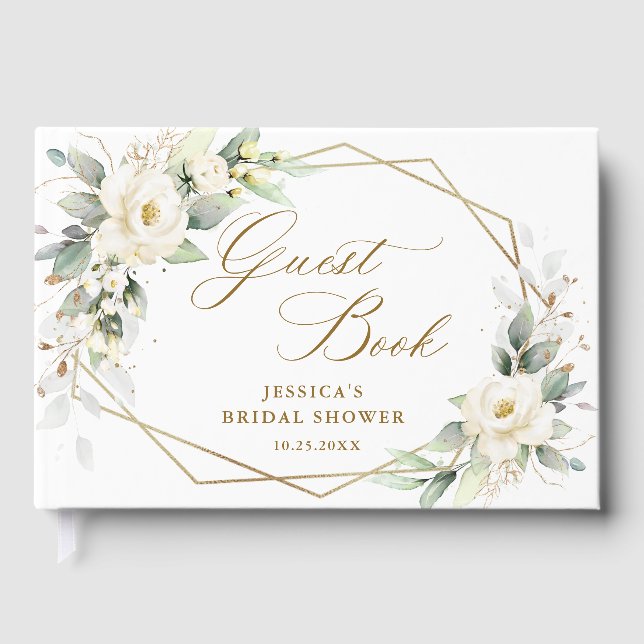 Eleganta vita rosor Eucalyptus bröllopsdusch Gästböcker (Framsida)