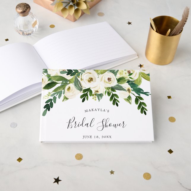 Eleganta vita rosor Grönska Blommig bröllopsdusch Gästböcker (Framsida öppen)